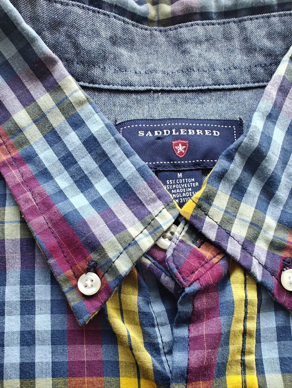 Saddlebred Multicolor Plaid Button-Down Shirt Sz.M Cotton Mix Blue Mustard Red